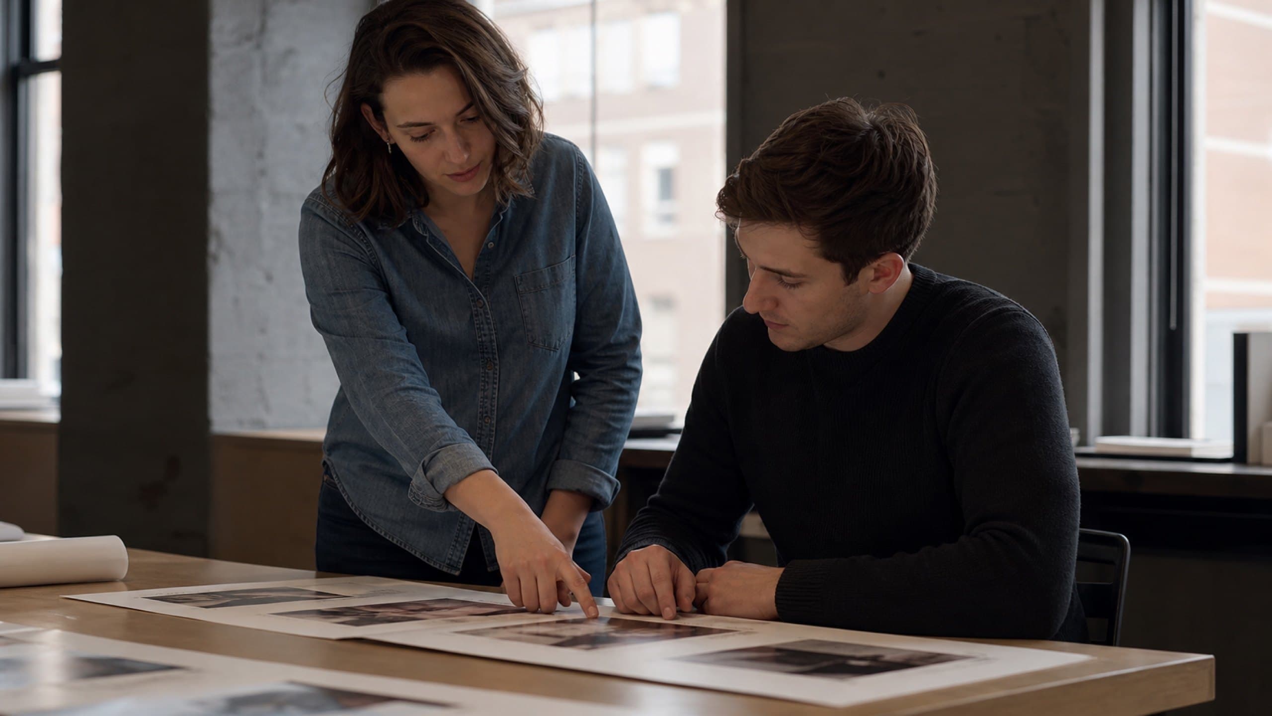 Two people at a desk working through a document together
