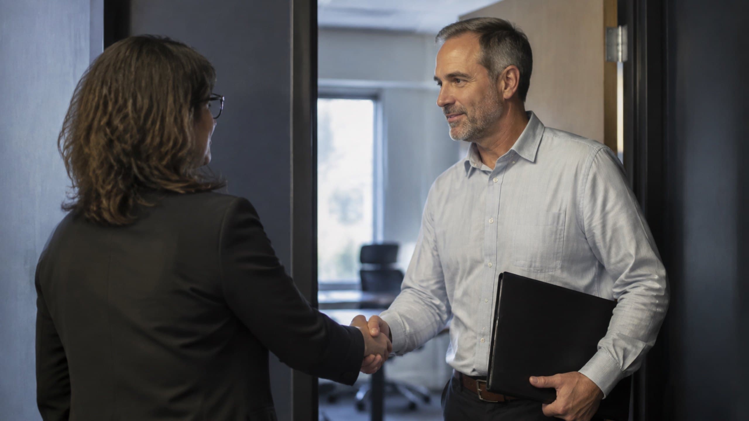 Two people shaking hands across a table at the end of a meeting