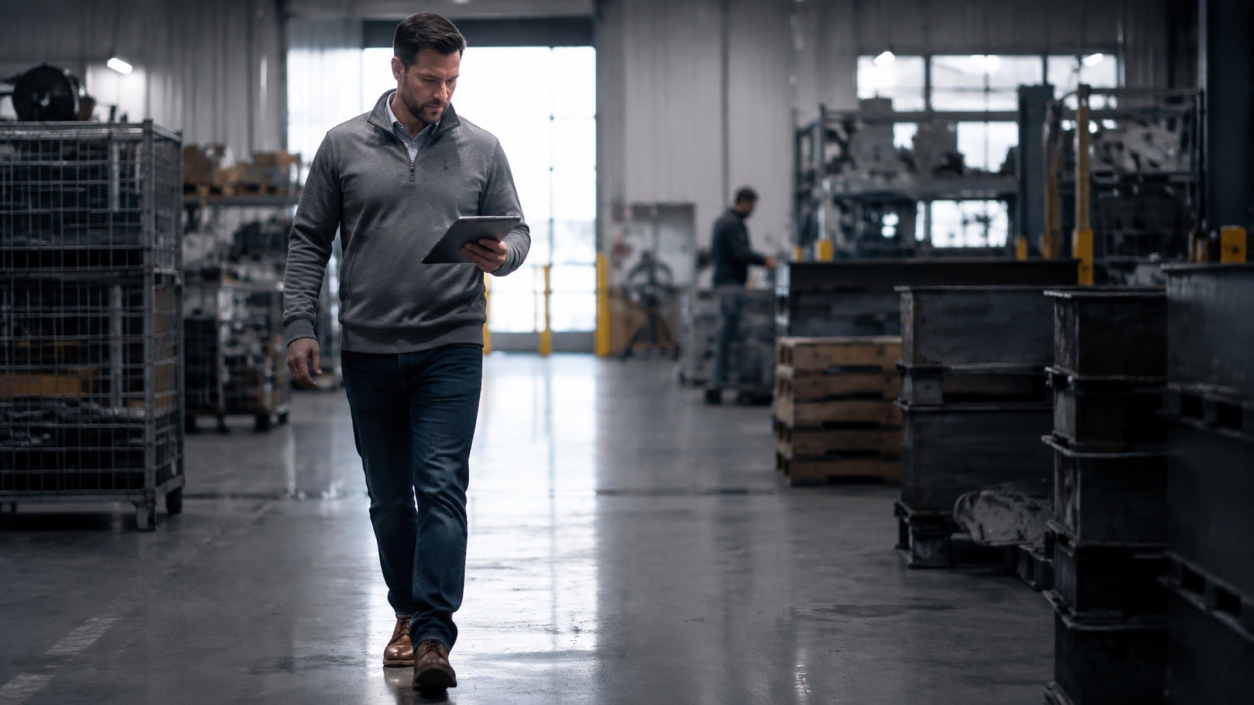 A manager reviewing a checklist on a tablet