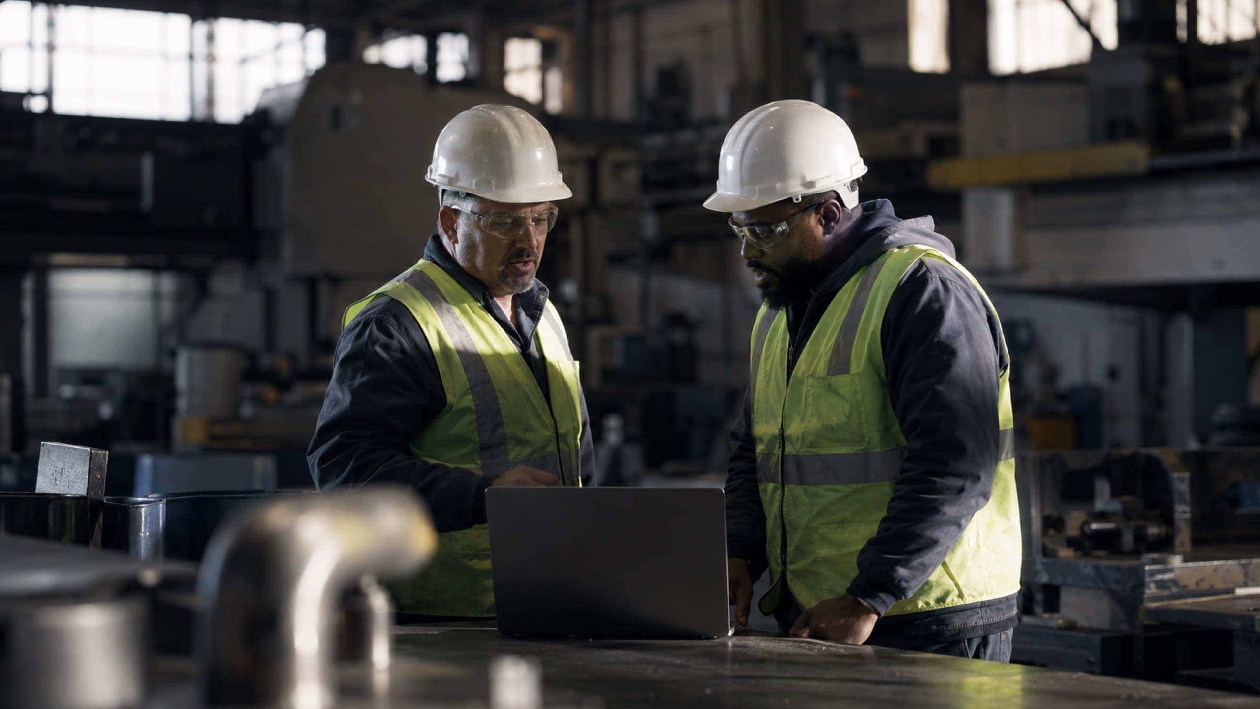 Two supervisors in high-visibility vests reviewing a laptop on a plant floor