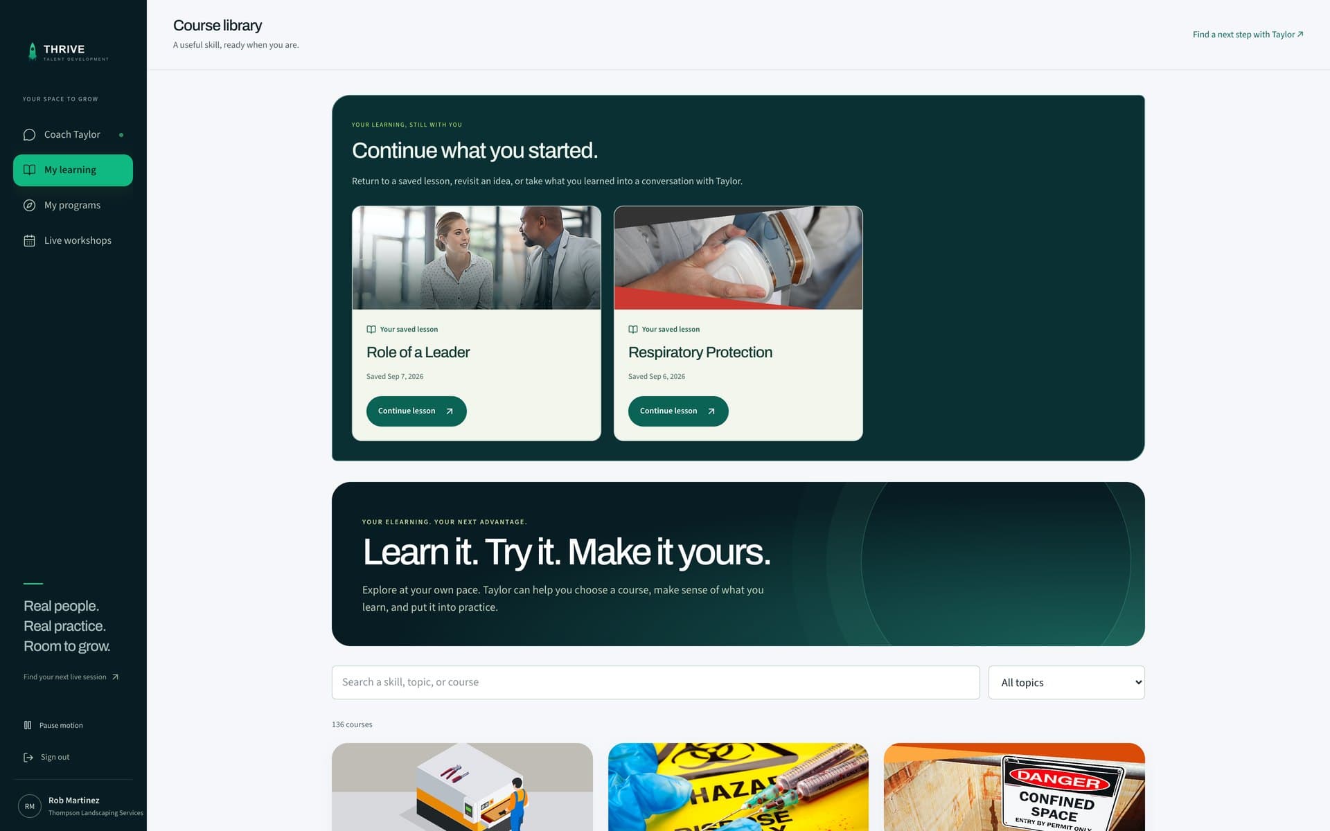 The course catalog inside the Thrive platform, grouped by library
