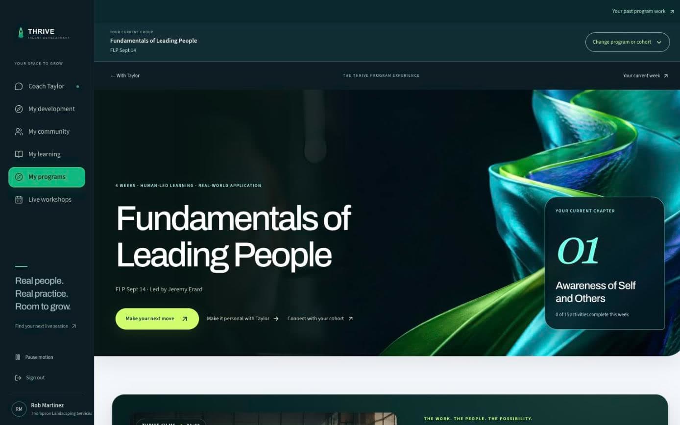 The My program page for Fundamentals of Leading People: the cohort, the current chapter, 01 Awareness of Self and Others, and how many of its activities are done