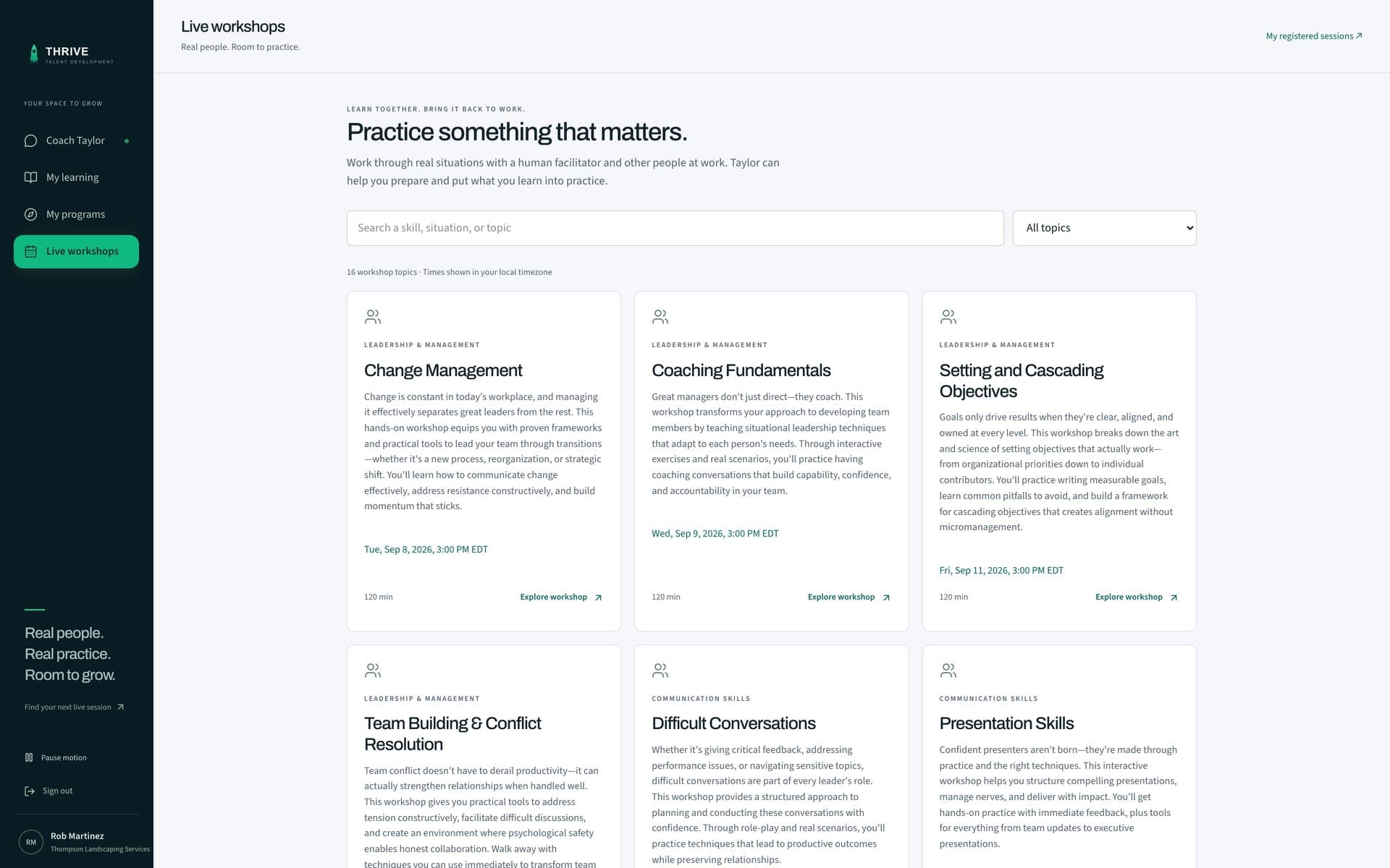 The live workshops page inside the Thrive platform: each topic with what it covers, its next date, its two-hour length, and a link to explore it