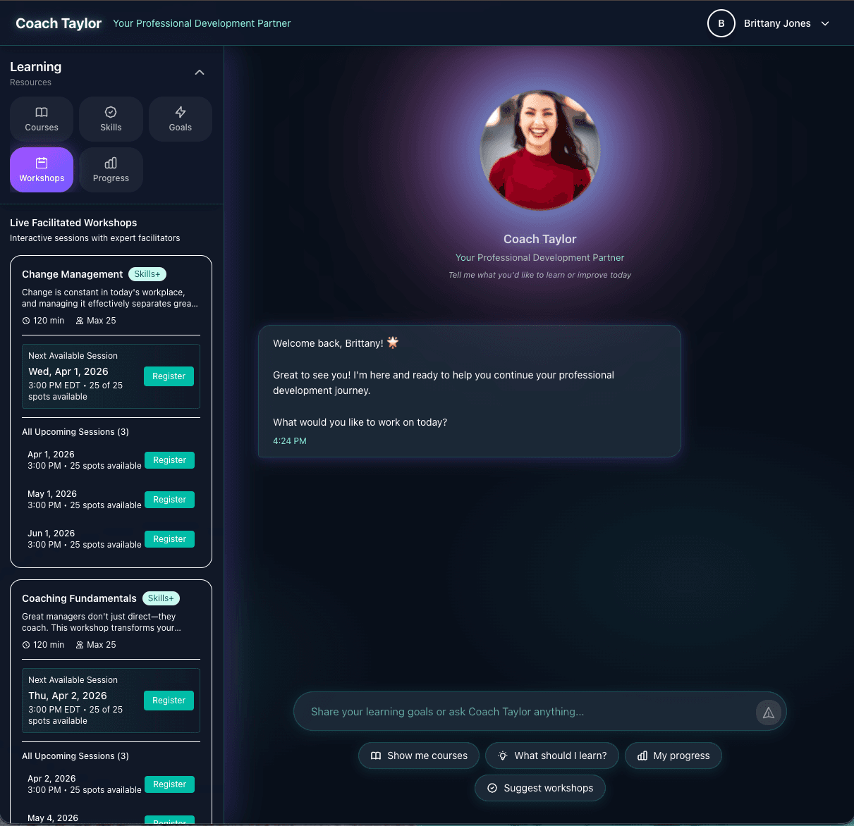 Thrive Talent Development platform screenshot showing Coach Taylor AI coaching interface with live workshop scheduling, course recommendations, and personalized learning paths for SMB employees